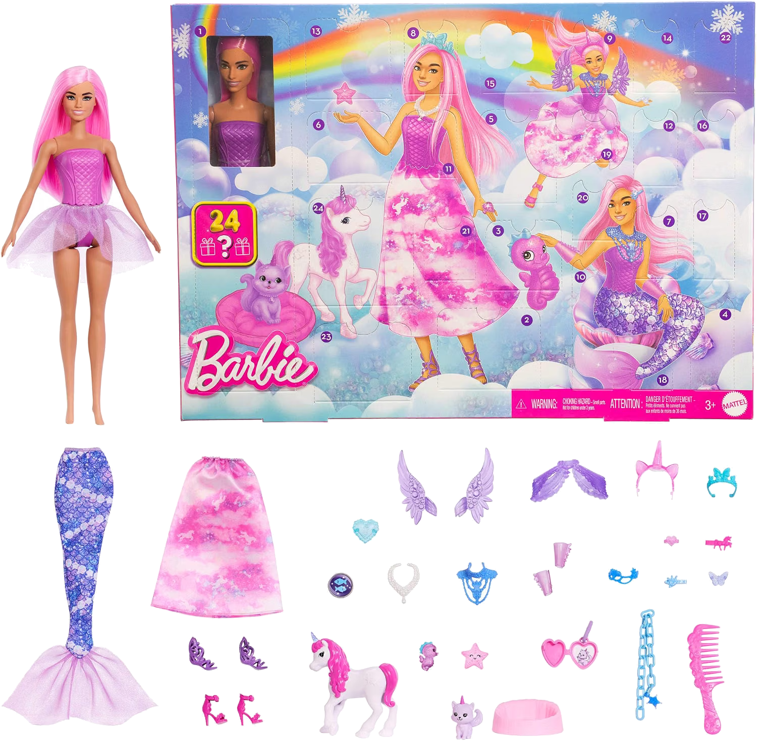 Barbie Adventskalender mit Puppe und Fantasiezubehör JFL66